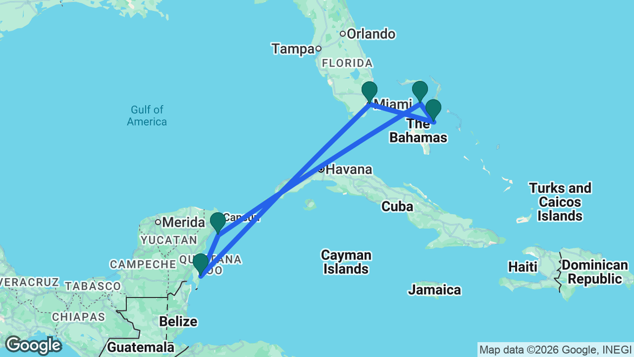 Route map: Miami -> Nassau -> CocoCay -> Cozumel -> Costa Maya -> Miami