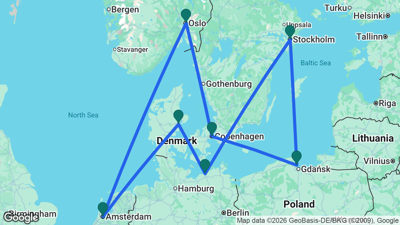 Route map: Amsterdam -> Oslo -> Copenhagen -> Gdansk -> Stockholm -> Berlin -> Aarhus -> Amsterdam