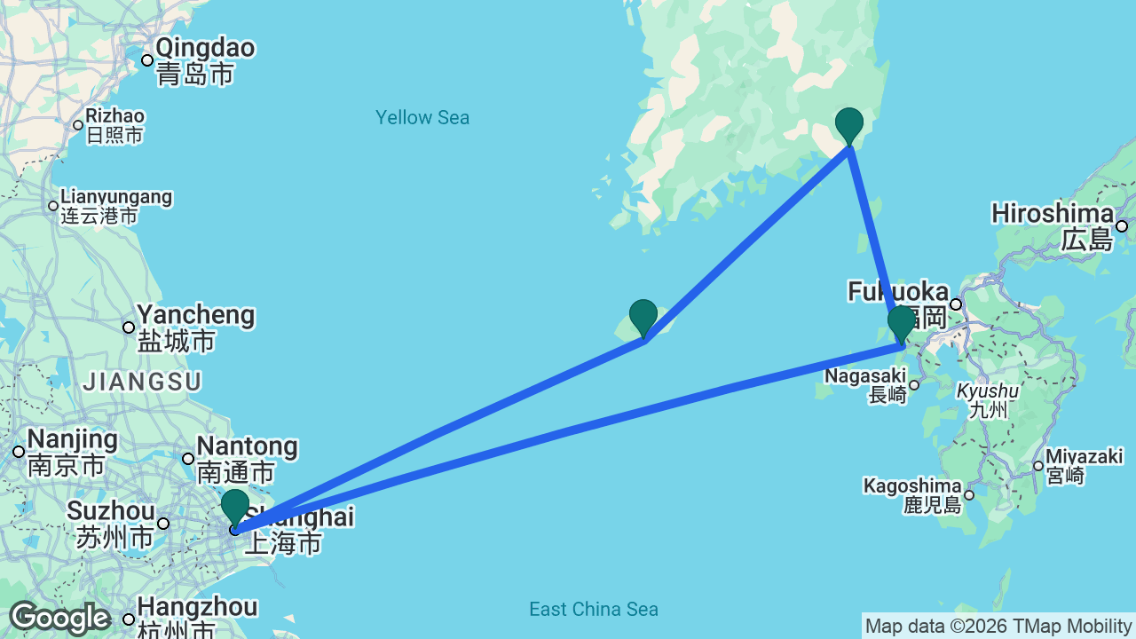 Route map: Shanghai -> Gangjeong -> Busan -> Sasebo -> Shanghai