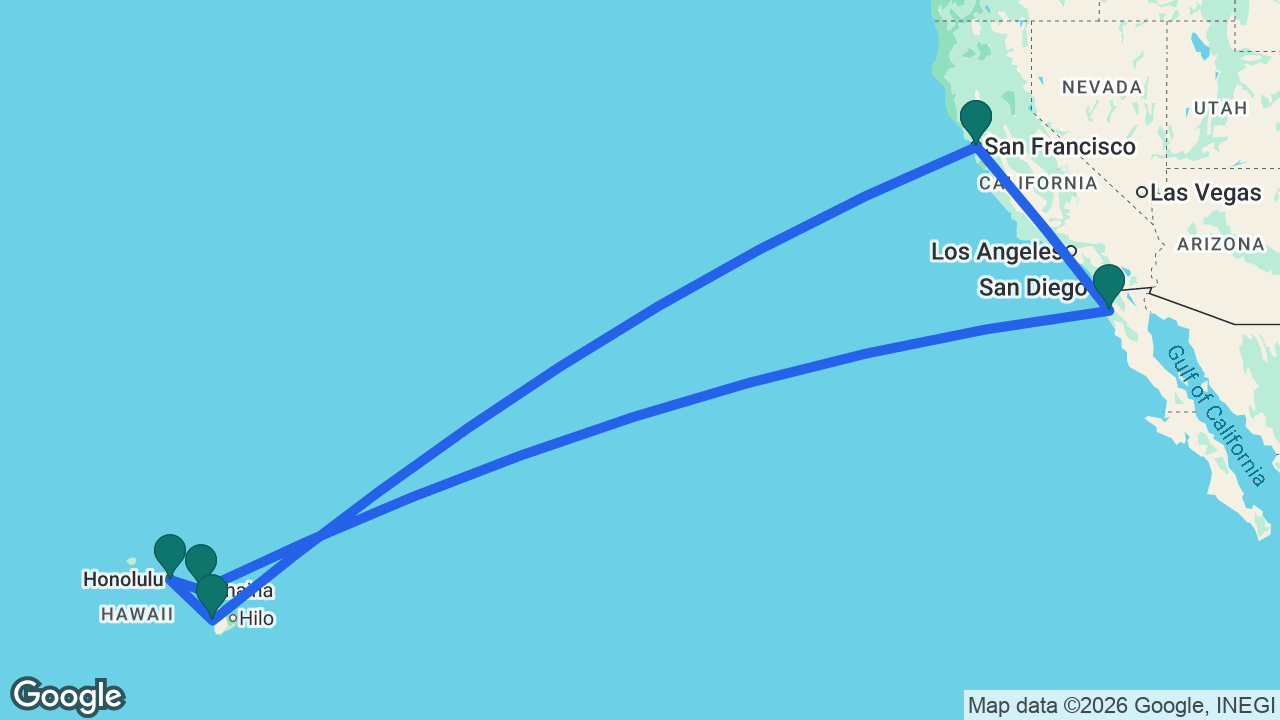 Route map: San Francisco -> Kona -> Honolulu -> Maui -> Ensenada -> San Francisco