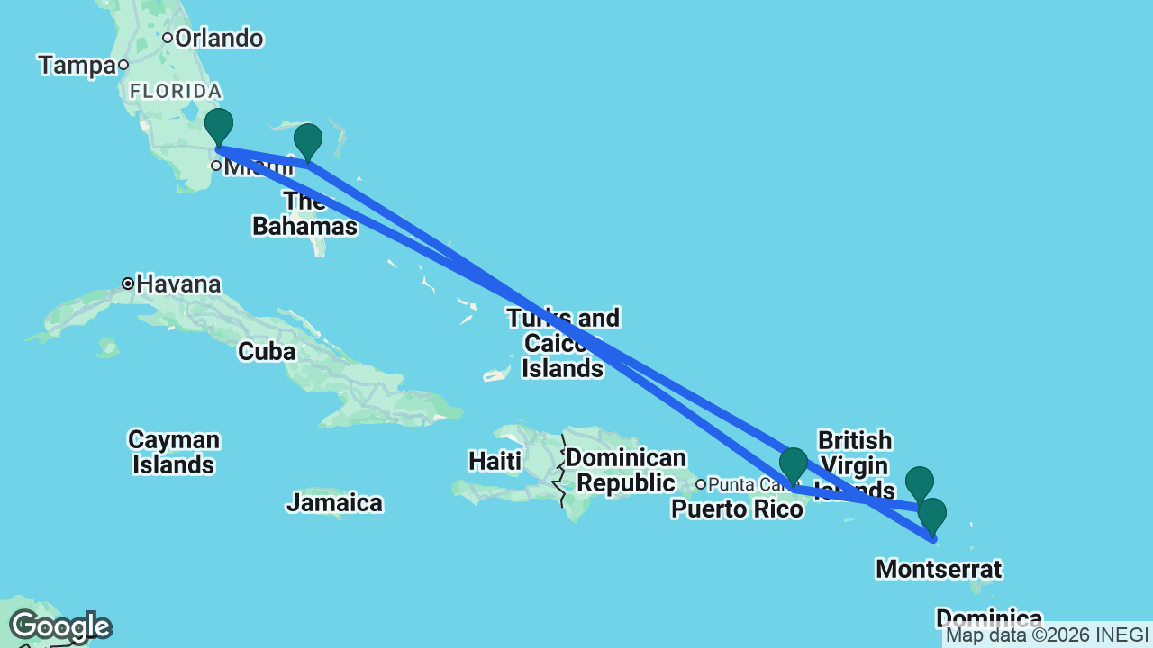 Route map: Fort Lauderdale -> St. Kitts -> St. Maarten -> San Juan -> CocoCay -> Fort Lauderdale
