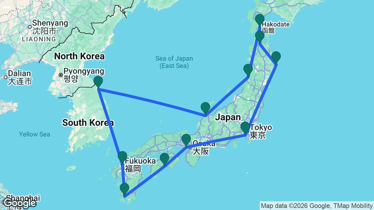 Route map: Tokyo -> Kobe -> Kochi -> Kagoshima -> Fukuoka -> Sokcho -> Kanazawa -> Sakata -> Hakodate -> Aomori -> Miyako -> Tokyo