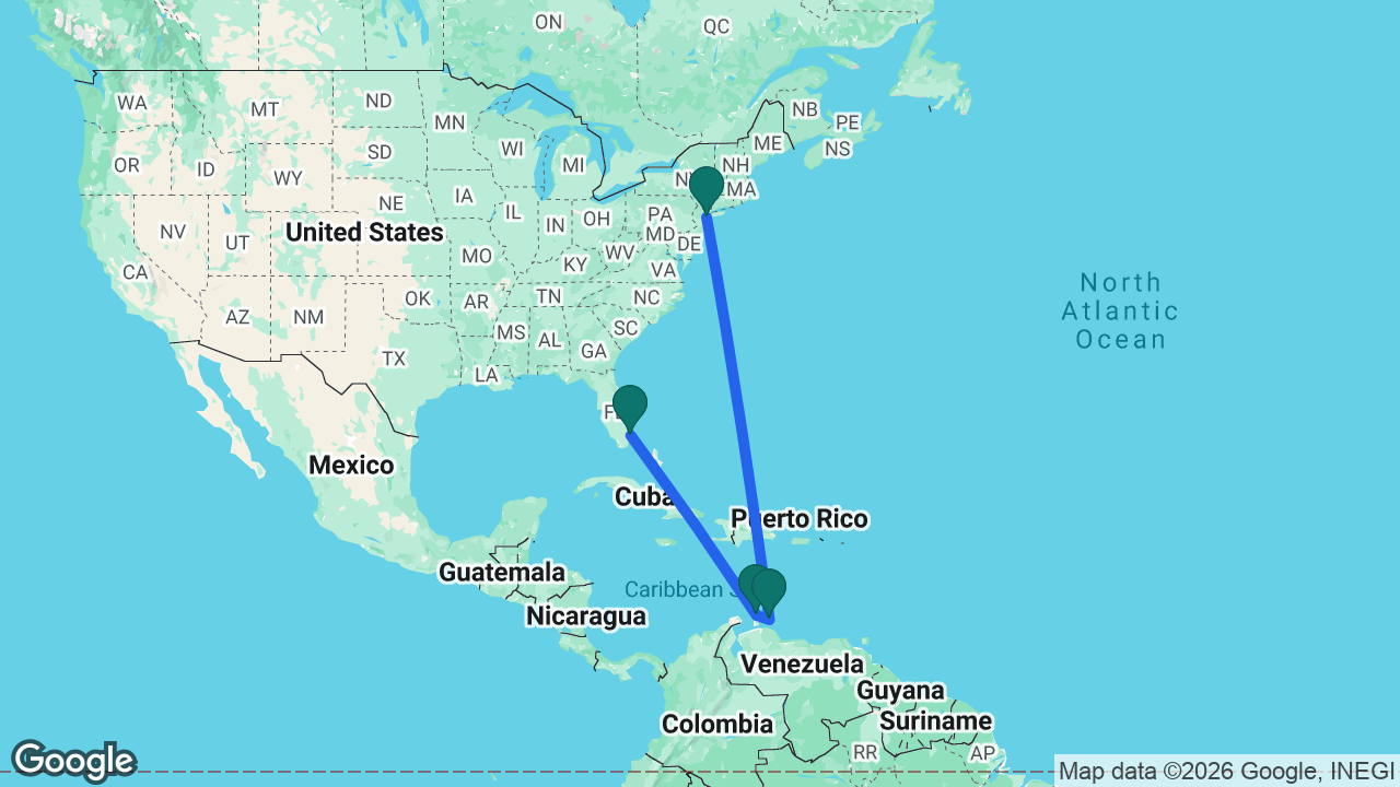 Route map: Fort Lauderdale -> Aruba -> Curaçao -> New York