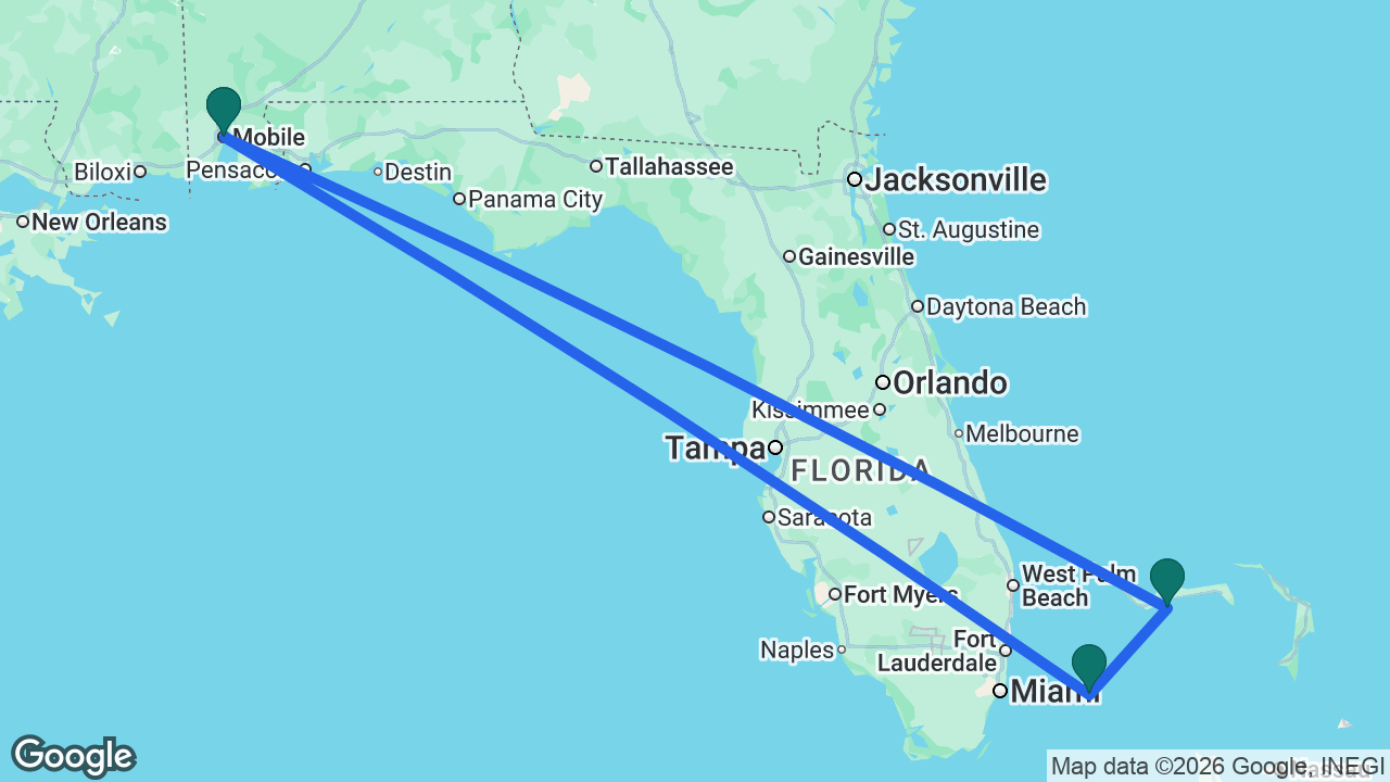 Route map: Mobile -> Bimini -> Celebration Key -> Mobile