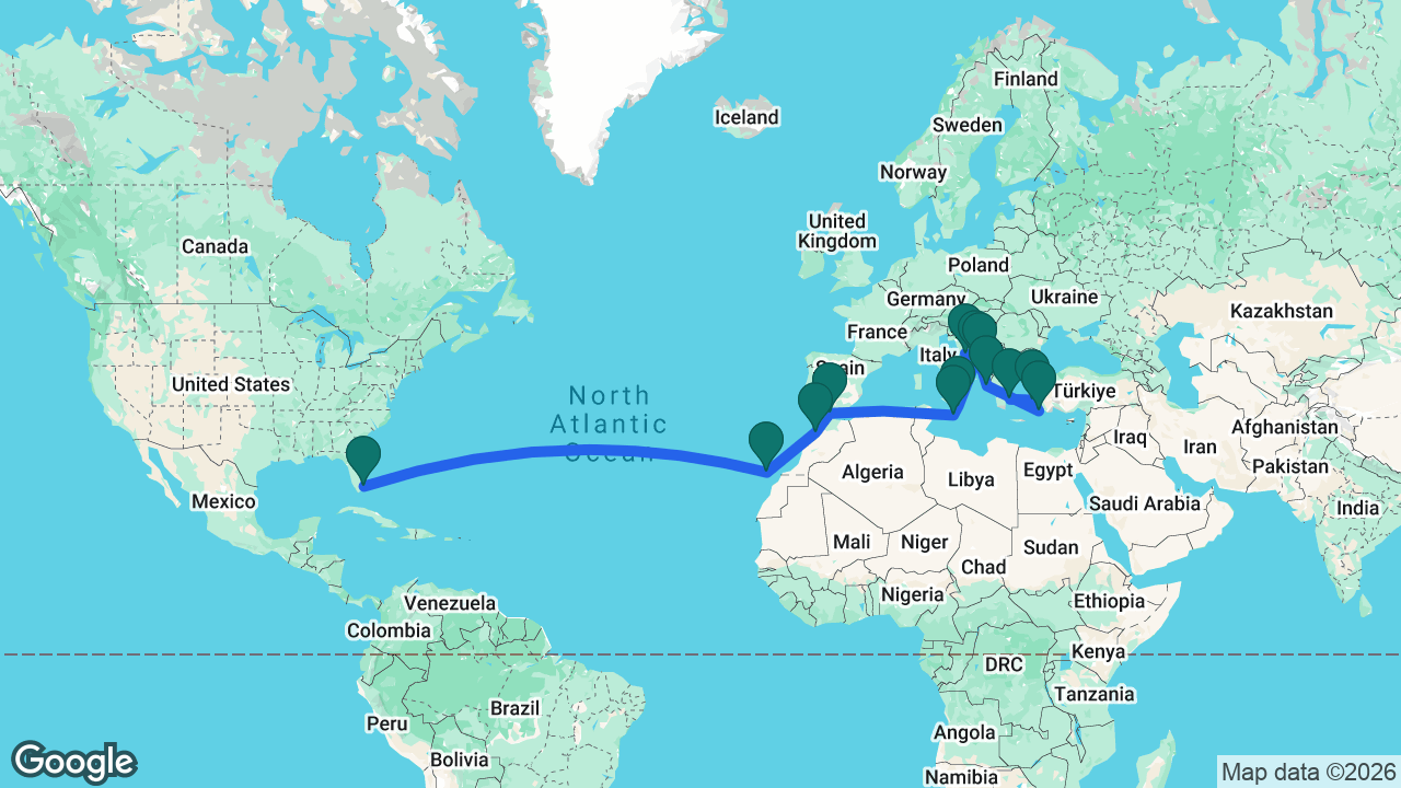 Route map: Athens -> Ephesus -> Rhodes -> Corfu -> Kotor -> Split -> Dubrovnik -> Siracusa -> Valletta -> Gibraltar -> Casablanca -> Gran Canaria -> Fort Lauderdale