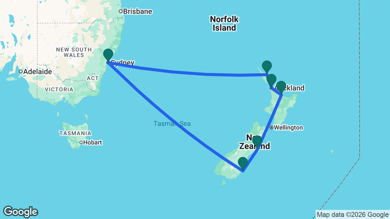 Route map: Sydney -> Dunedin -> Christchurch -> Tauranga -> Auckland -> Bay of Islands -> Sydney