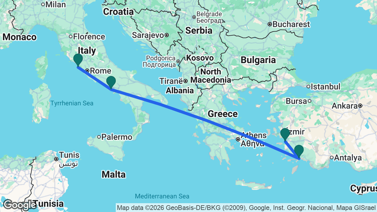 Route map: Ephesus -> Marmaris -> Naples -> Rome