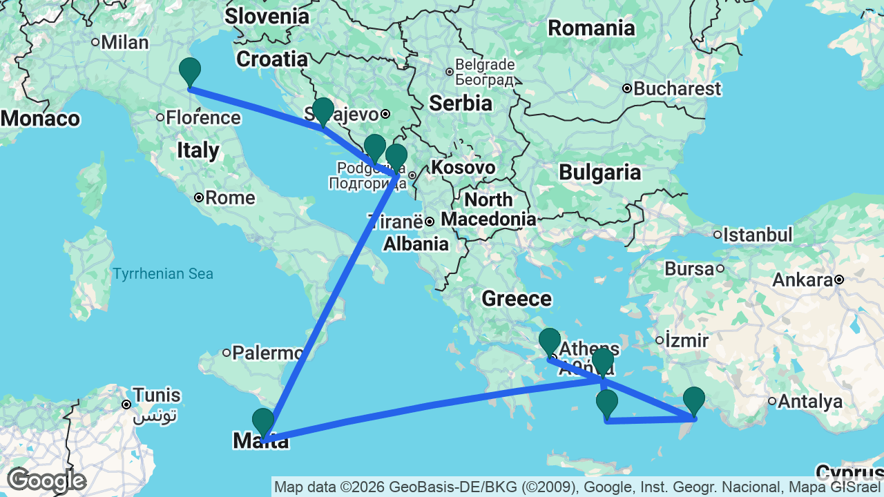 Route map: Ravenna -> Split -> Dubrovnik -> Kotor -> Valletta -> Mykonos -> Santorini -> Rhodes -> Athens