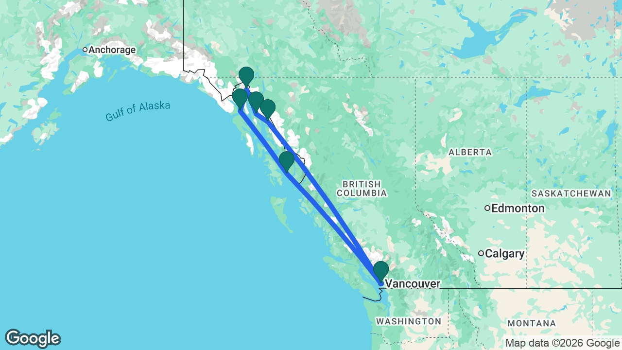 Route map: Vancouver -> Tracy Arm -> Juneau -> Skagway -> Glacier Bay -> Ketchikan -> Vancouver