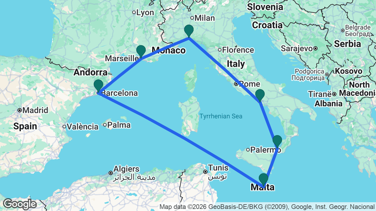 Route map: Barcelona -> Marseille -> Genoa -> Naples -> Messina -> Valletta -> Barcelona