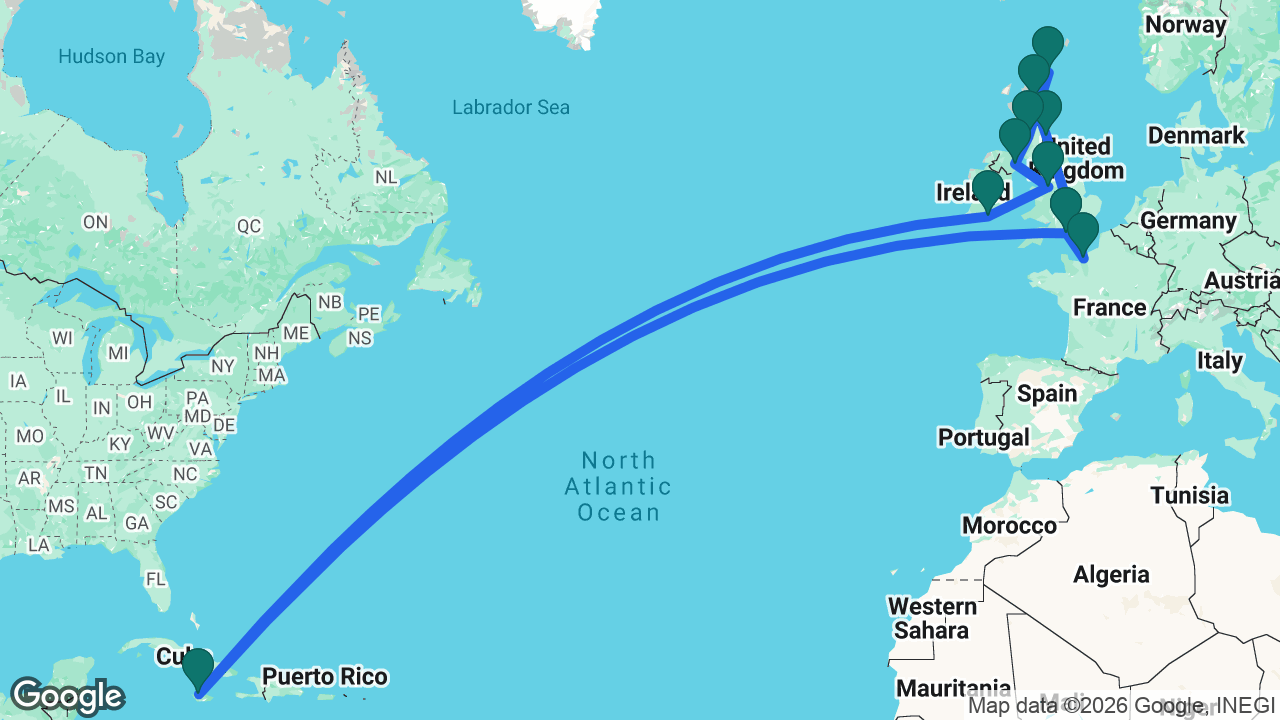 Route map: Southampton -> Falmouth -> Cork -> Liverpool -> Belfast -> Glasgow -> Kirkwall -> Invergordon -> Edinburgh -> Paris -> Southampton