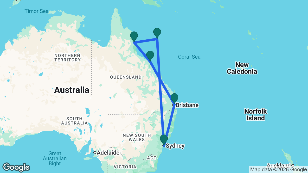 Route map: Sydney -> Brisbane -> Airlie Beach -> Cairns -> Willis Island -> Sydney