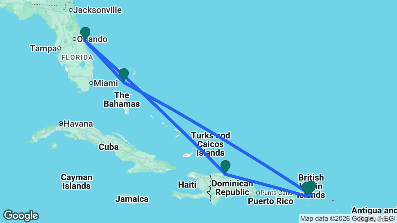 Route map: Port Canaveral -> Puerto Plata -> St. Thomas -> Tortola -> Great Stirrup Cay -> Port Canaveral