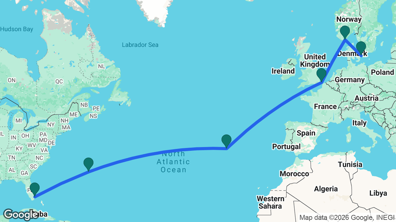 Route map: Fort Lauderdale -> Bermuda -> Azores -> Dover -> Kristiansand -> Copenhagen
