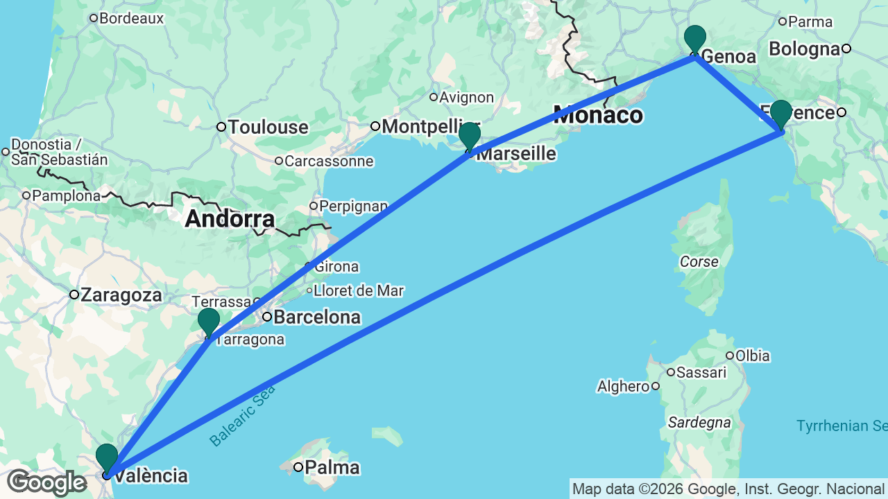 Route map: Valencia -> Tarragona -> Marseille -> Genoa -> Florence -> Valencia