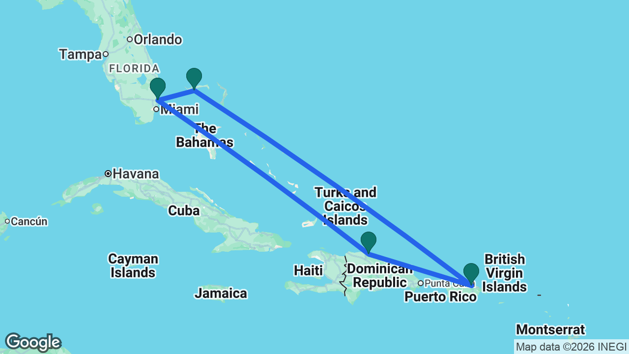 Route map: Fort Lauderdale -> Celebration Key -> San Juan -> Amber Cove -> Fort Lauderdale