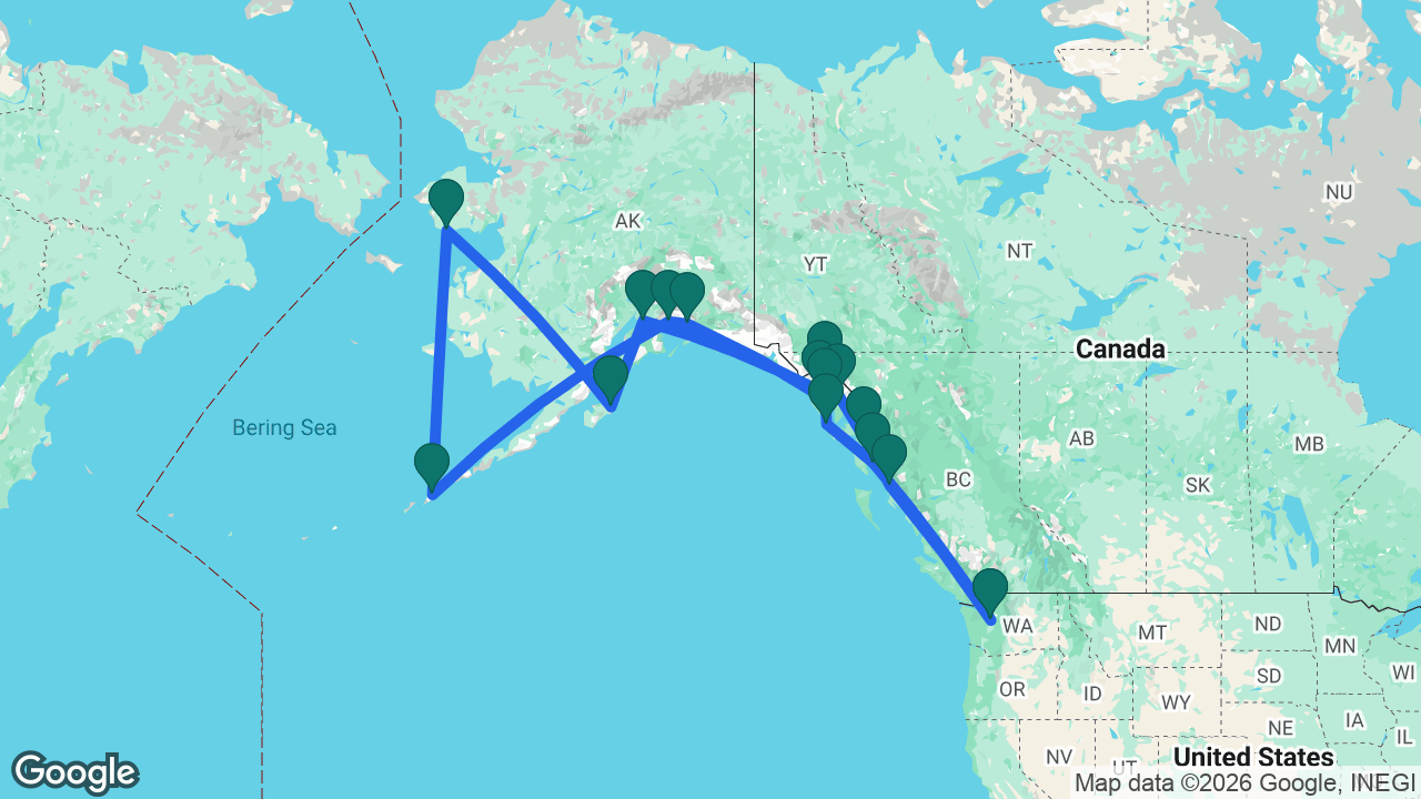 Route map: Seattle -> Ketchikan -> Sitka -> Icy Strait Point -> Valdez -> College Fjord -> Dutch Harbor -> Nome -> Kodiak -> Anchorage -> Glacier Bay -> Haines -> Juneau -> Wrangell -> Prince Rupert -> Seattle