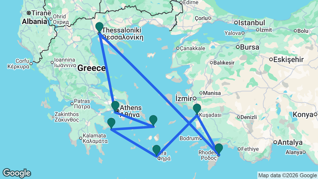 Route map: Athens -> Thessaloniki -> Rhodes -> Ephesus -> Santorini -> Hydra -> Mykonos -> Athens