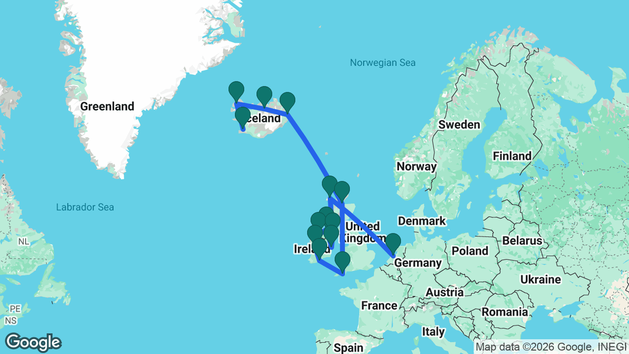Route map: Amsterdam -> Stornoway -> Belfast -> Dún Laoghaire -> Greencastle -> Killybegs -> Galway -> Cobh -> Plymouth -> Invergordon -> Seydisfjordur -> Akureyri -> Isafjordur -> Reykjavik