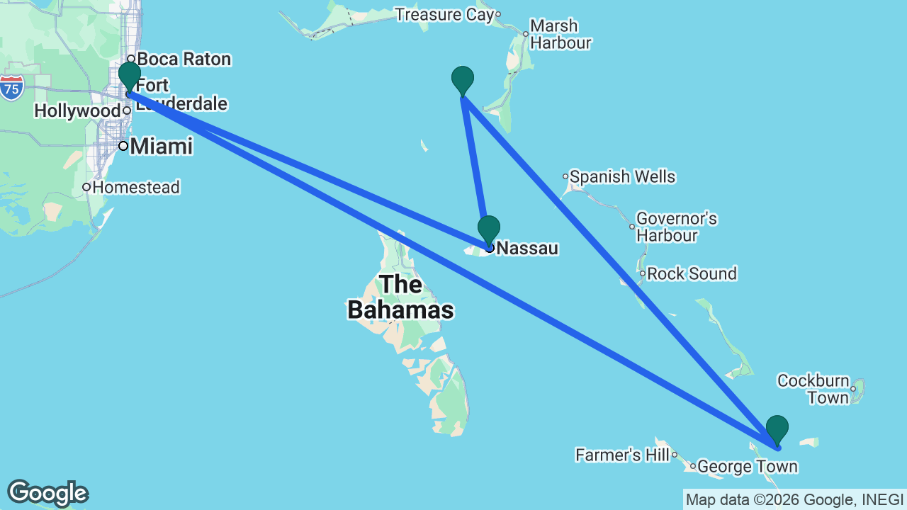 Route map: Fort Lauderdale -> Lookout Cay -> Castaway Cay -> Nassau -> Fort Lauderdale