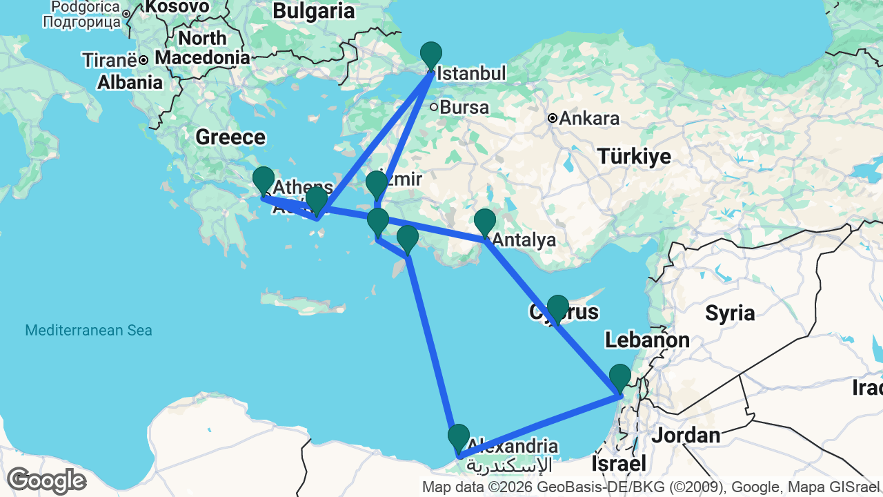 Route map: Athens -> Mykonos -> Istanbul -> Ephesus -> Kos -> Rhodes -> Alexandria -> Haifa -> Limassol -> Antalya -> Athens