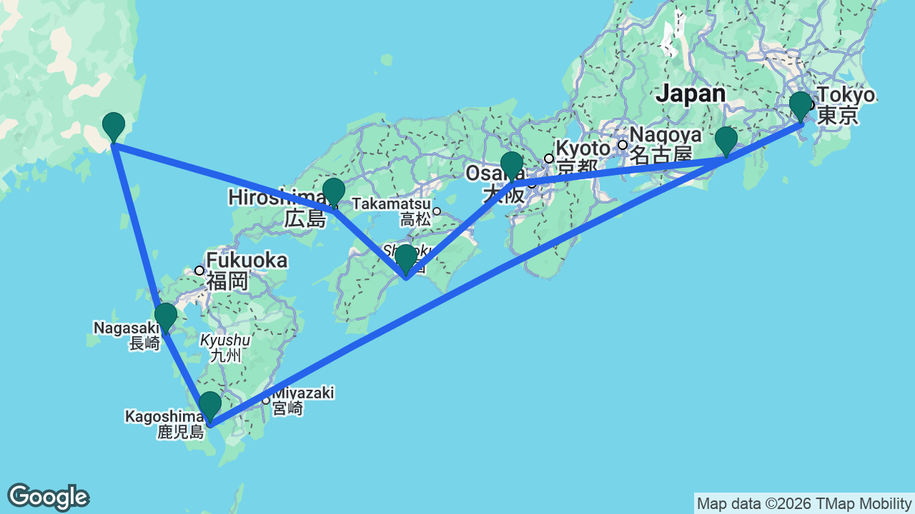 Route map: Tokyo -> Mount Fuji -> Kobe -> Kochi -> Hiroshima -> Busan -> Nagasaki -> Kagoshima -> Tokyo