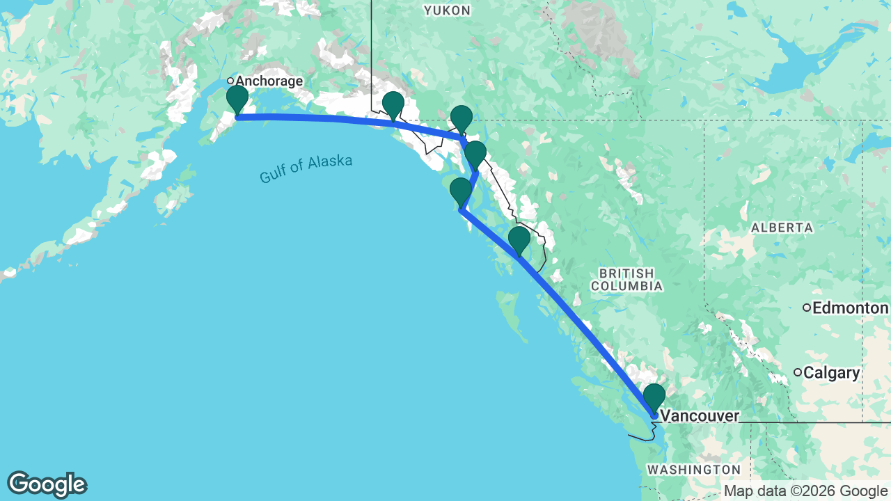 Route map: Vancouver -> Ketchikan -> Sitka -> Juneau -> Skagway -> Hubbard Glacier -> Seward