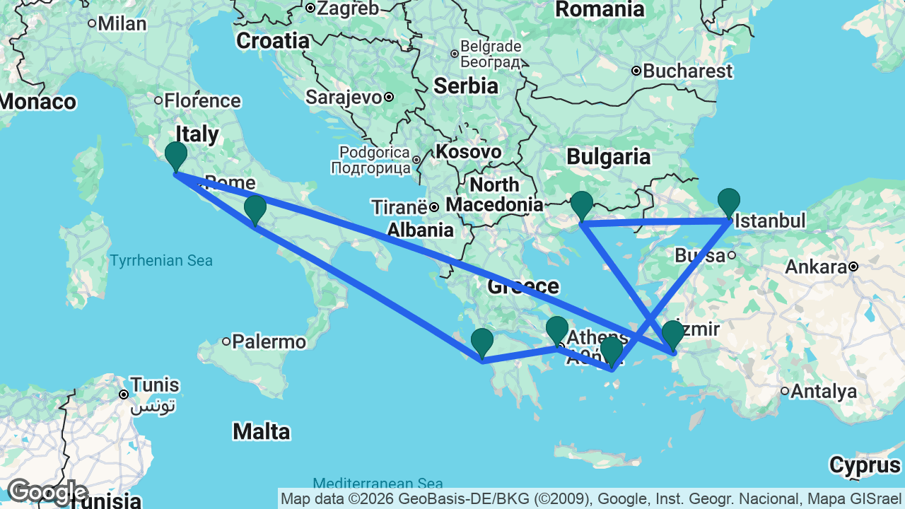 Route map: Rome -> Ephesus -> Kavala -> Istanbul -> Mykonos -> Athens -> Katakolon -> Naples -> Rome