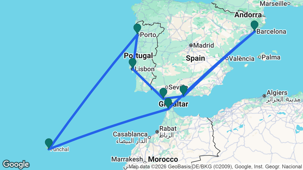 Route map: Barcelona -> Tangier -> Madeira -> Porto -> Lisbon -> Cádiz -> Málaga -> Barcelona