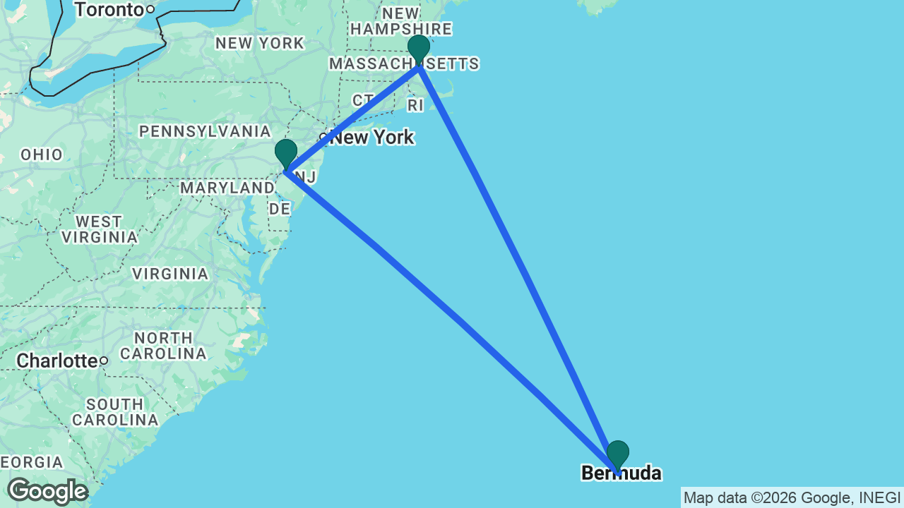Route map: Philadelphia -> Bermuda -> Boston -> Philadelphia