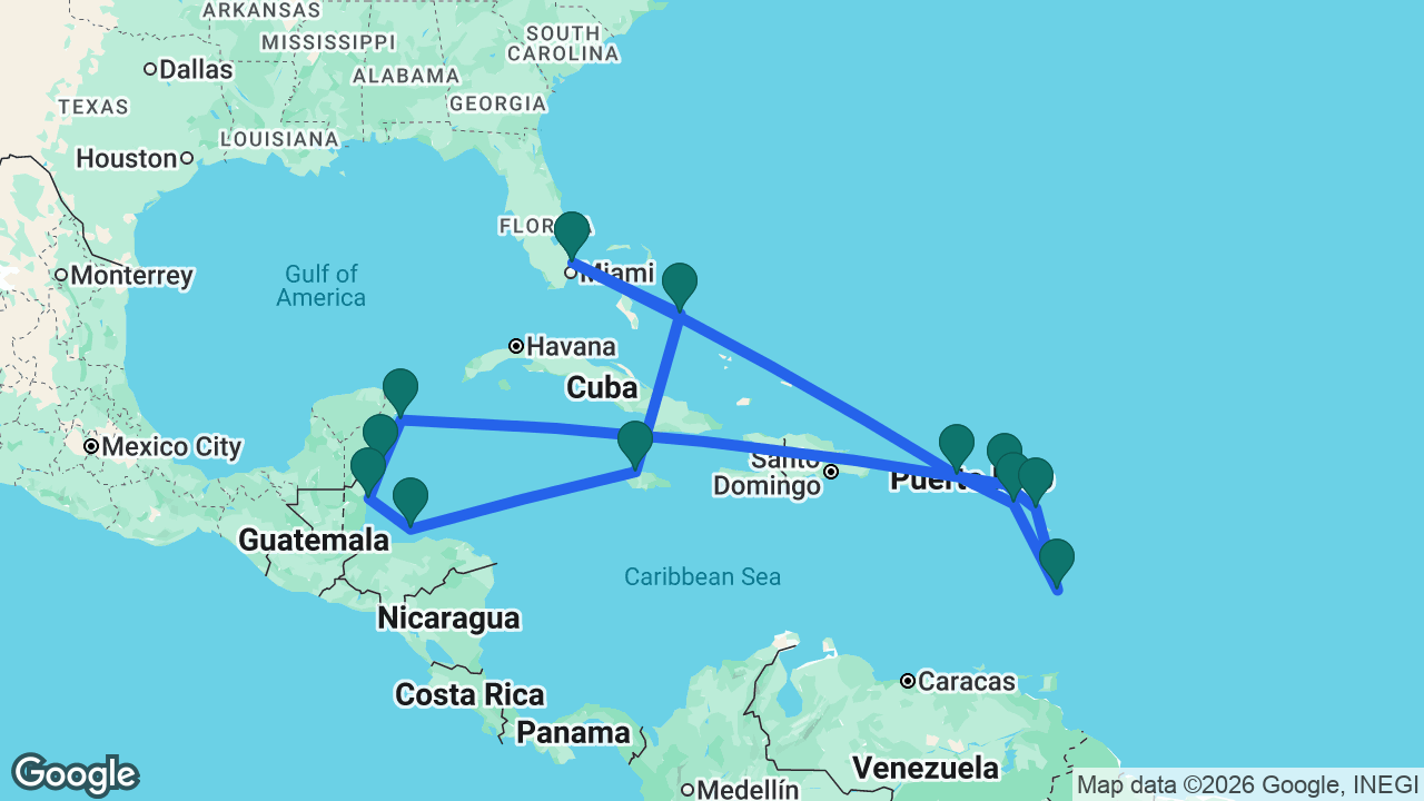 Route map: Fort Lauderdale -> Half Moon Cay -> Falmouth -> Roatán -> Belize City -> Costa Maya -> Cozumel -> St. Maarten -> Antigua -> St. Lucia -> St. Kitts -> St. Thomas -> Fort Lauderdale