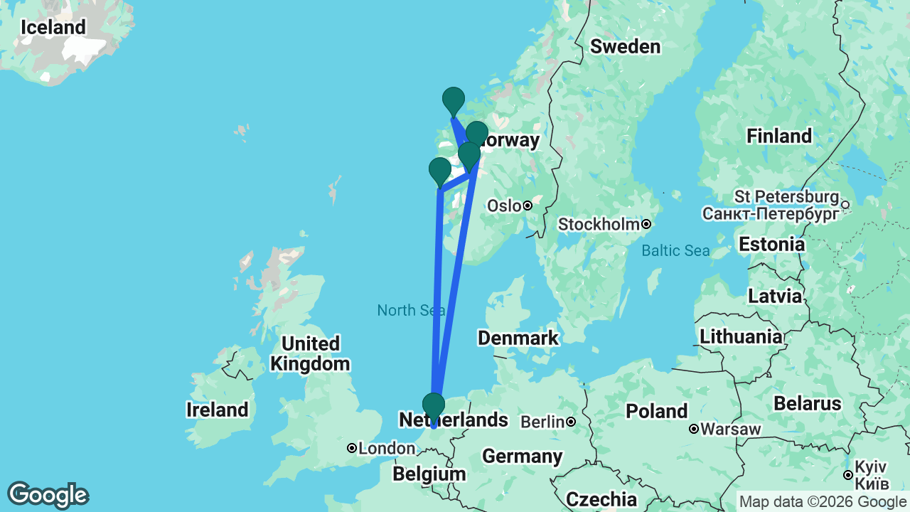 Route map: Amsterdam -> Bergen -> Flåm -> Ålesund -> Skjolden -> Amsterdam