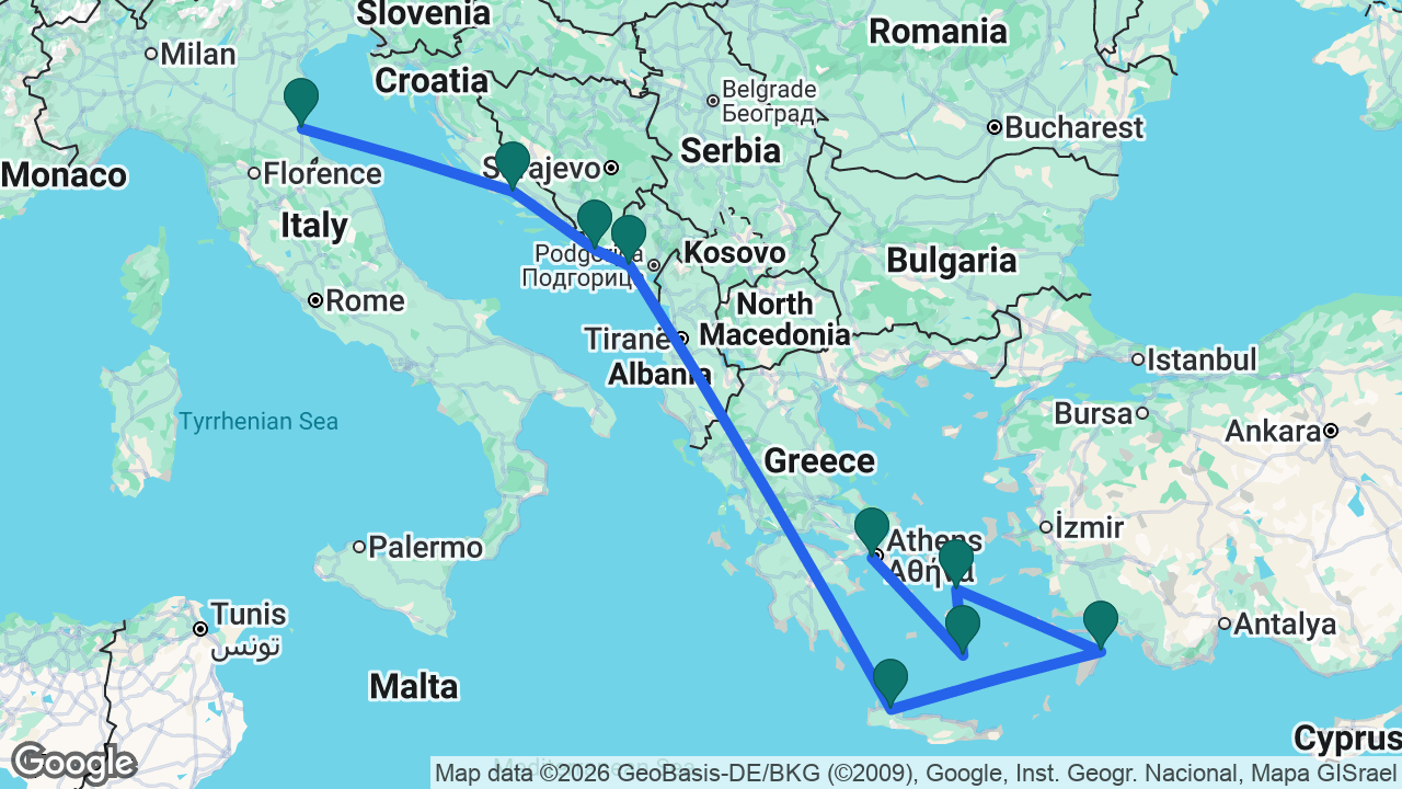 Route map: Ravenna -> Split -> Dubrovnik -> Kotor -> Chania -> Rhodes -> Mykonos -> Santorini -> Athens