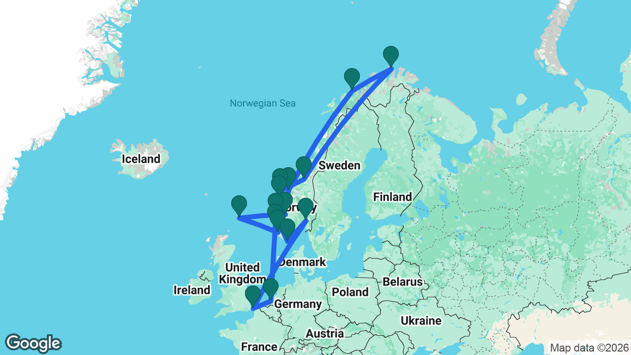 Route map: Dover -> Rotterdam -> Haugesund -> Ålesund -> Trondheim -> North Cape -> Tromsø -> Åndalsnes -> Sandnes -> Lerwick -> Eidfjord -> Nordfjordeid -> Bergen -> Mandal -> Oslo -> Dover