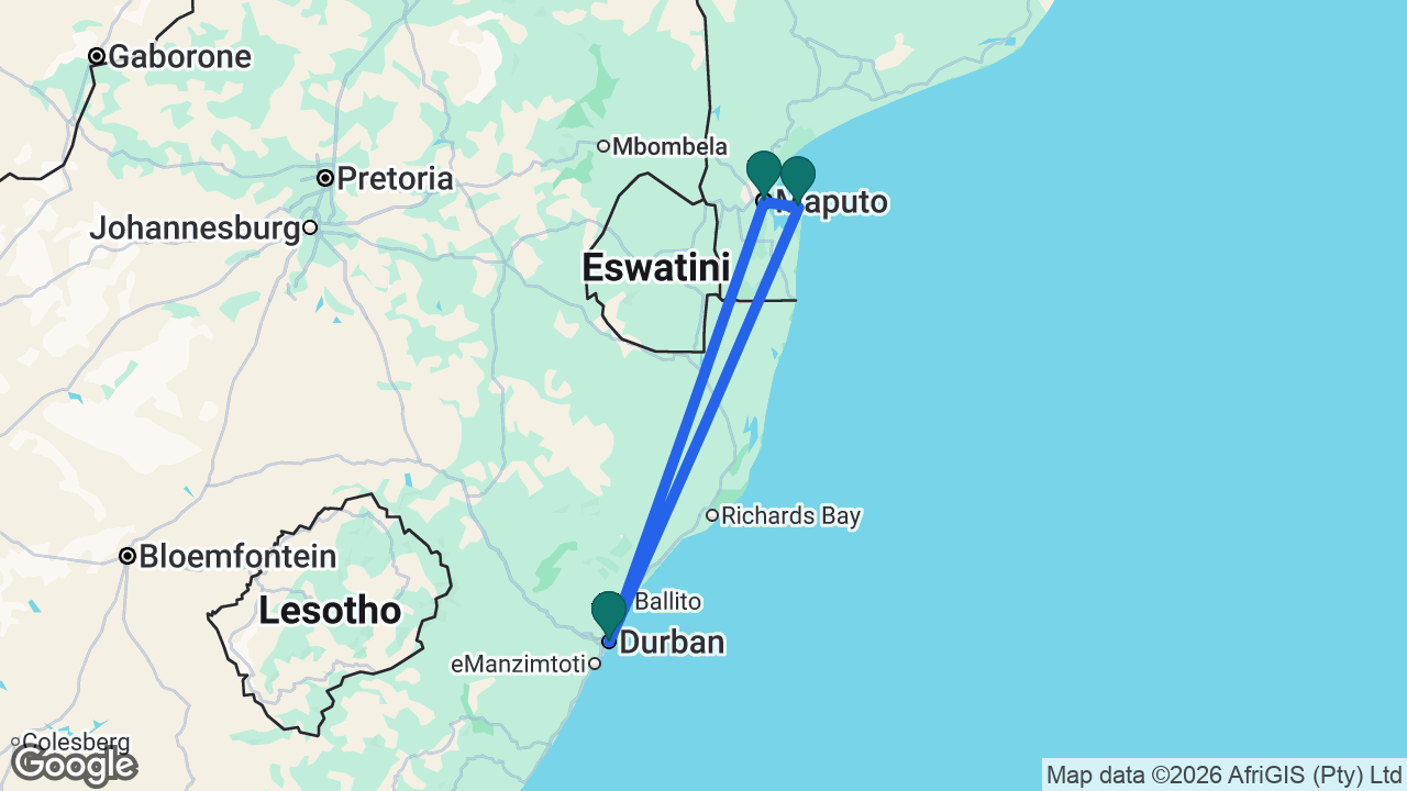 Route map: Durban -> Maputo -> Portuguese Island -> Durban
