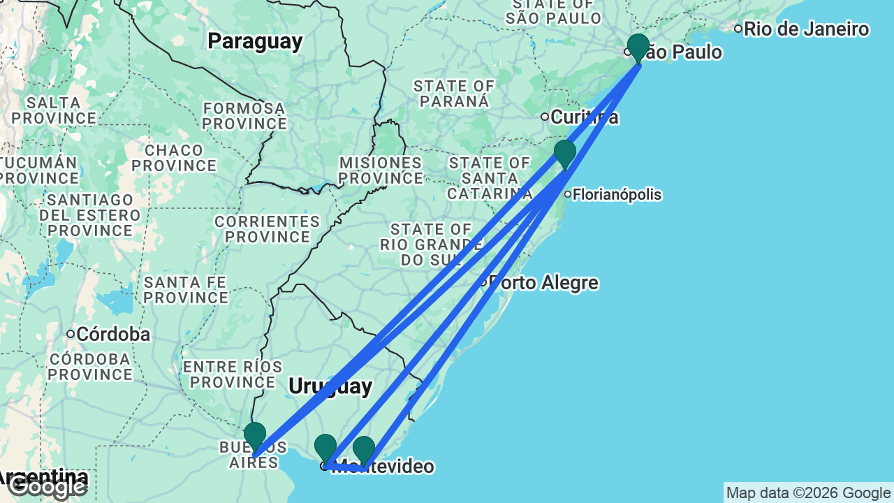 Route map: Santos -> Buenos Aires -> Balneário Camboriú -> Montevideo -> Punta del Este -> Santos