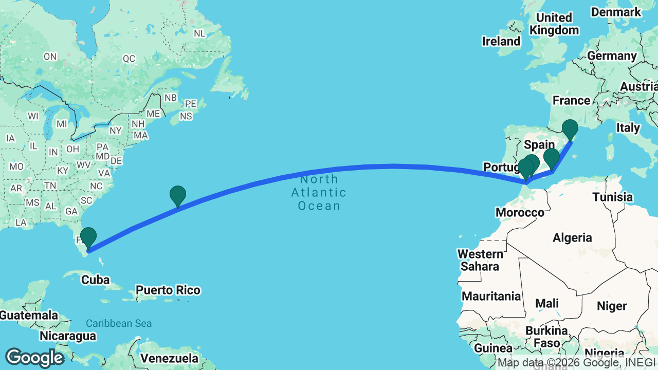 Route map: Barcelona -> Cartagena -> Málaga -> Gibraltar -> Bermuda -> Fort Lauderdale