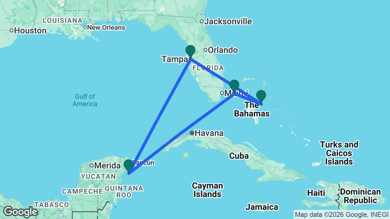Route map: Tampa -> Nassau -> Bimini -> Cozumel -> Tampa