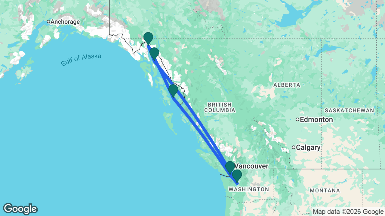 Route map: Seattle -> Juneau -> Skagway -> Ketchikan -> Victoria -> Seattle