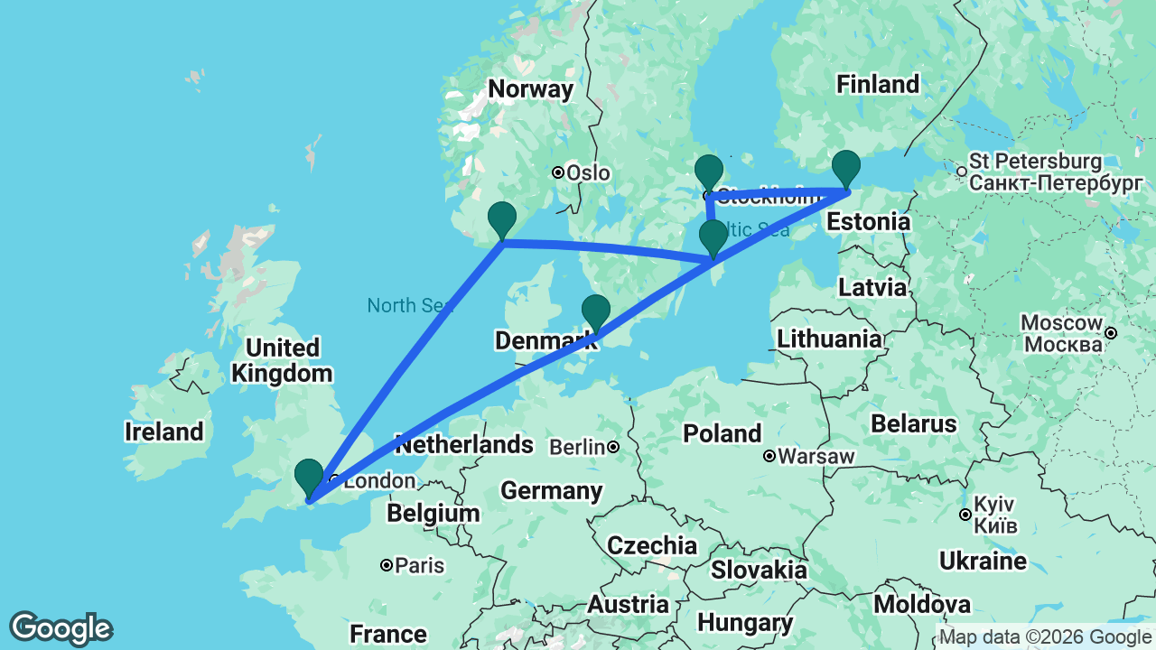 Route map: Southampton -> Copenhagen -> Tallinn -> Stockholm -> Visby -> Kristiansand -> Southampton