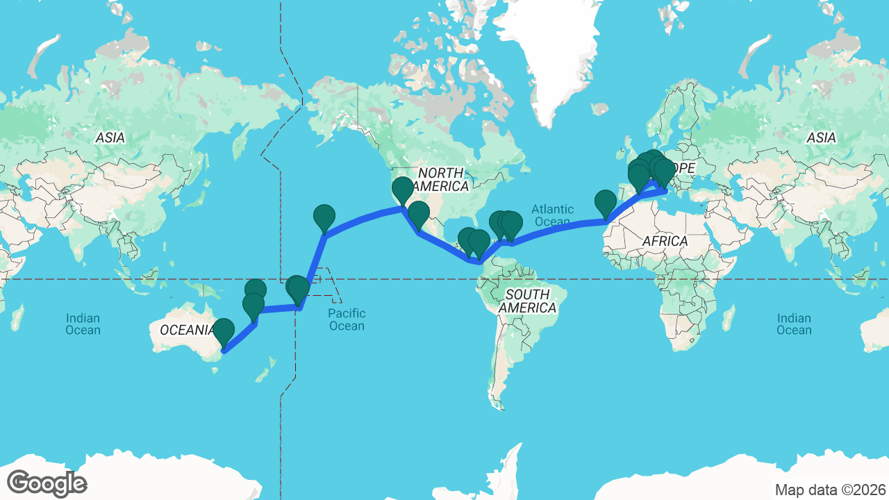 Route map: Sydney -> Nouméa -> Santo -> Apia -> Pago Pago -> Honolulu -> Los Angeles -> Cabo -> Puntarenas -> Balboa -> La Romana -> Tortola -> St. Maarten -> Gran Canaria -> Ibiza -> Naples -> Rome -> Genoa -> Marseille -> Tarragona