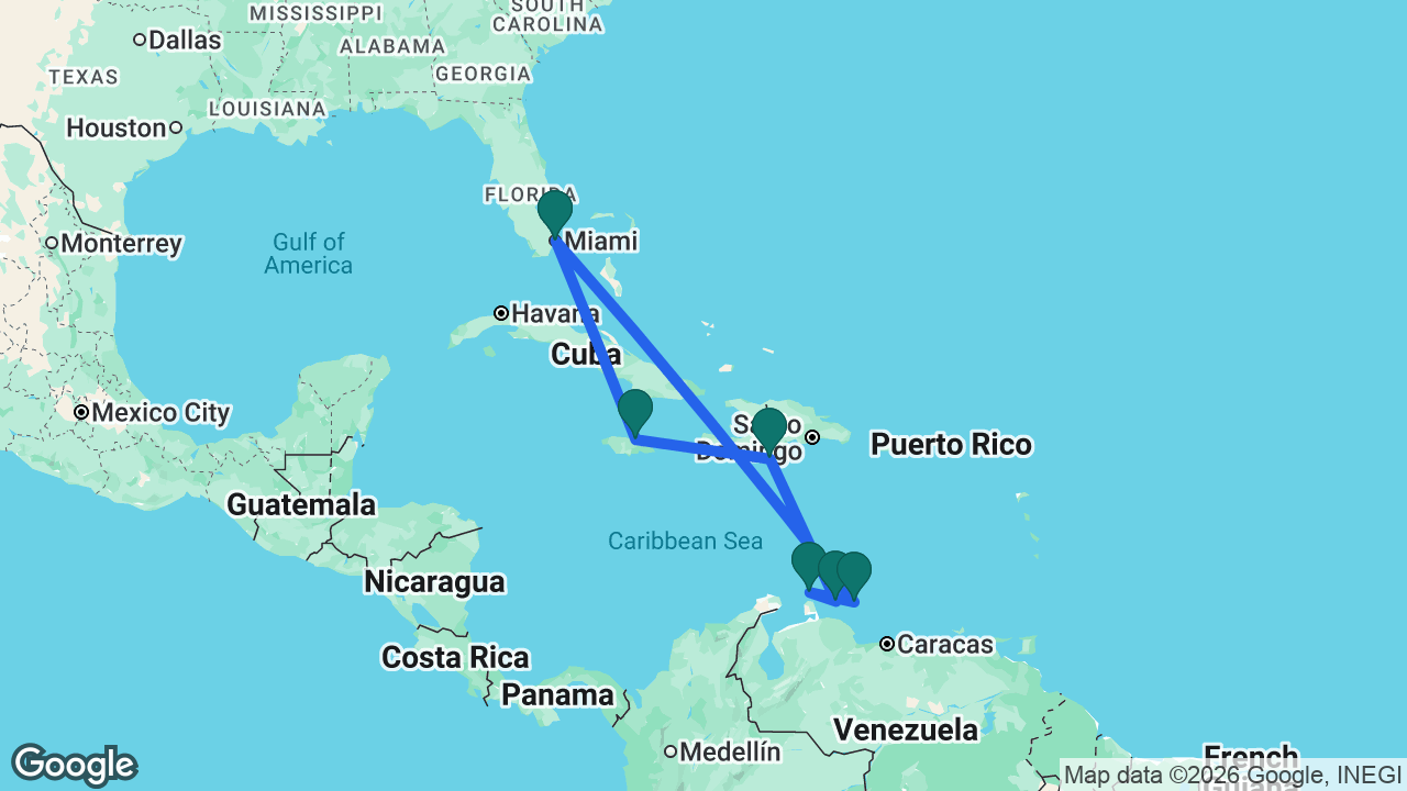 Route map: Miami -> Bonaire -> Aruba -> Curaçao -> Cabo Rojo -> Ocho Rios -> Miami