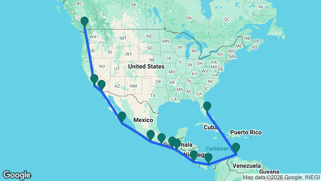 Route map: Vancouver -> Santa Barbara -> San Diego -> Cabo -> Acapulco -> Huatulco -> Puerto Chiapas -> Puerto Quetzal -> Puntarenas -> Panama Canal -> Aruba -> Fort Lauderdale