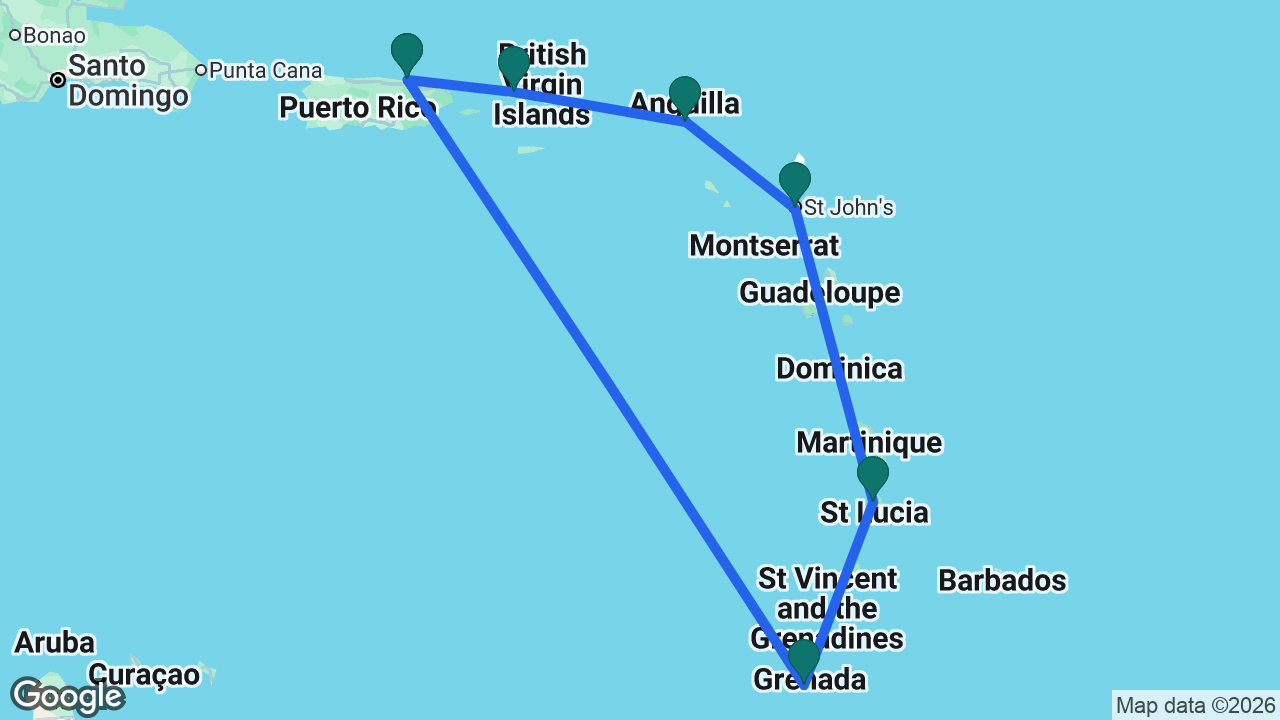 Route map: San Juan -> St. Thomas -> St. Maarten -> Antigua -> St. Lucia -> Grenada -> San Juan