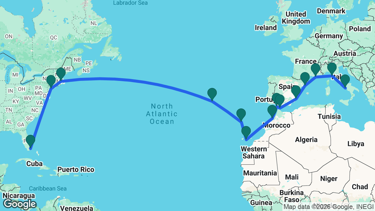 Route map: Naples -> Florence -> Marseille -> Barcelona -> Alicante -> Gibraltar -> Cádiz -> Casablanca -> Gran Canaria -> Madeira -> Azores -> Boston -> New York -> Miami