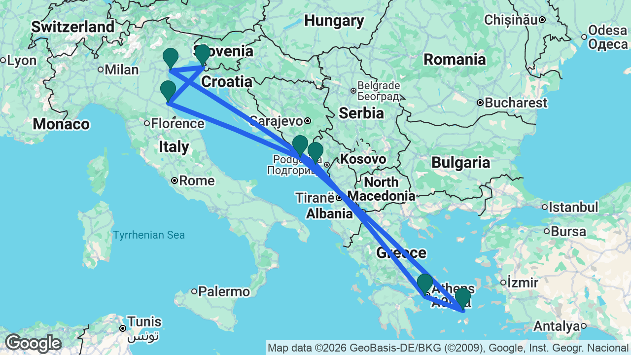 Route map: Athens -> Kotor -> Venice -> Koper -> Ravenna -> Dubrovnik -> Mykonos -> Athens