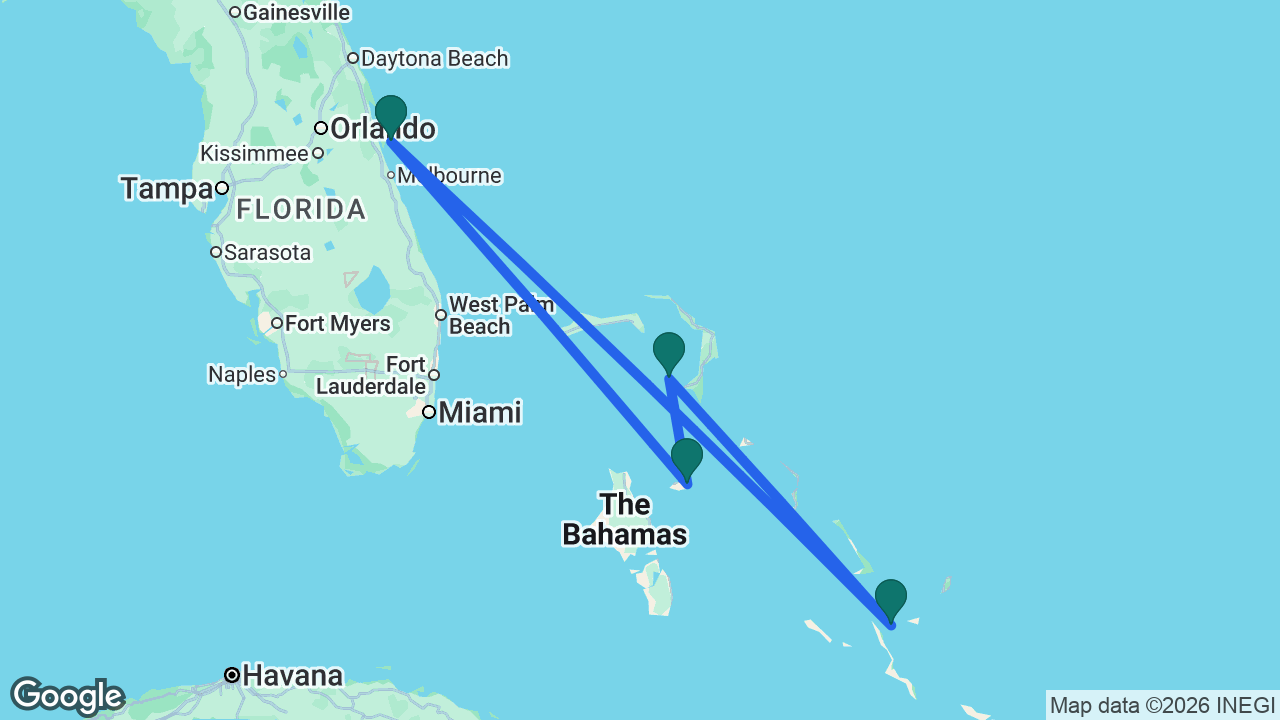 Route map: Port Canaveral -> Nassau -> Castaway Cay -> Lookout Cay -> Port Canaveral