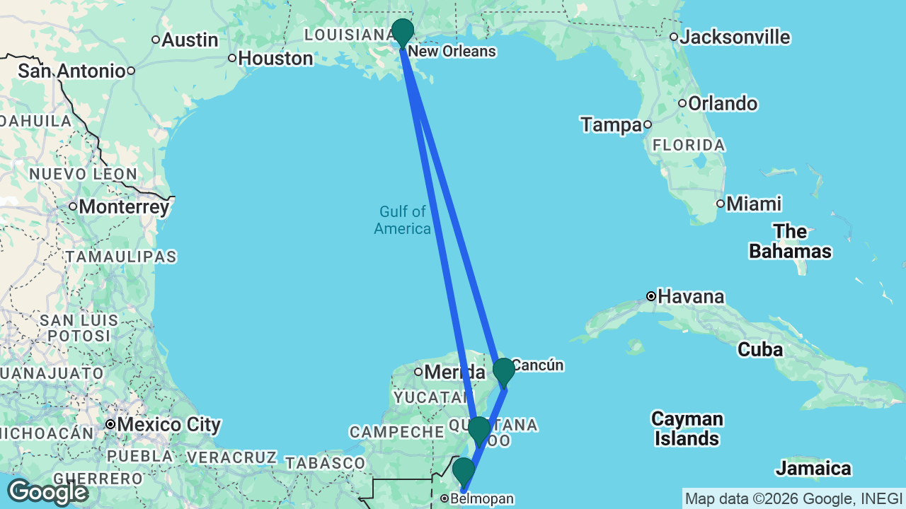Route map: New Orleans -> Costa Maya -> Belize City -> Cozumel -> New Orleans