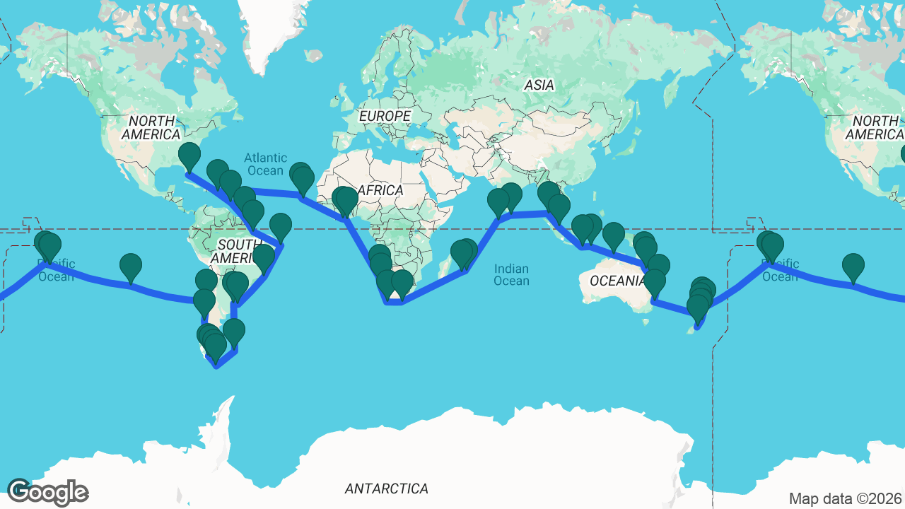 Route map: Fort Lauderdale -> Barbados -> Devil's Island -> Icoaraci -> Recife -> Rio -> Montevideo -> Buenos Aires -> Port Stanley -> Drake Passage -> Ushuaia -> Beagle Channel -> Punta Arenas -> Strait of Magellan -> Puerto Montt -> San Antonio -> Easter Island -> Moorea -> Tahiti -> Bora Bora -> Auckland -> Tauranga -> Wellington -> Christchurch -> Picton -> New Plymouth -> Sydney -> Brisbane -> Townsville -> Cairns -> Darwin -> Slawi Bay -> Bali -> Singapore -> Phuket -> Colombo -> Malé -> Port Louis -> Réunion (Le Port) -> Port Elizabeth -> Cape Town -> Lüderitz -> Walvis Bay -> Takoradi -> Abidjan -> Praia -> Mindelo -> San Juan -> Fort Lauderdale