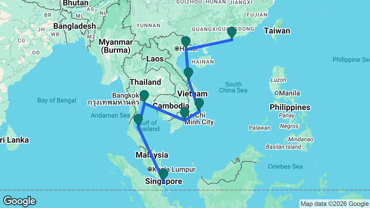 Route map: Hong Kong -> Ha Long Bay -> Chan May -> Cam Ranh -> Ho Chi Minh City -> Bangkok -> Koh Samui -> Singapore